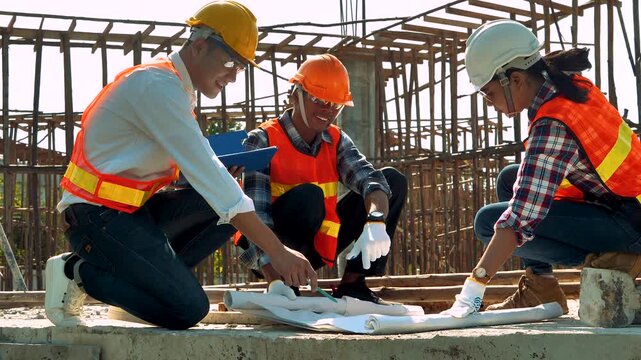 Structural engineer, architect and foreman worker with blueprints discuss, plan working for the outdoors building construction site. Construction collaboration concept. 4K