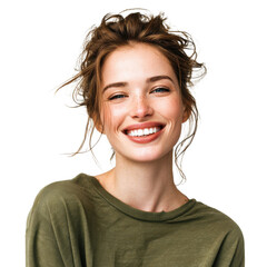 Happy Woman Smiling in Green Shirt on Transparent Background
