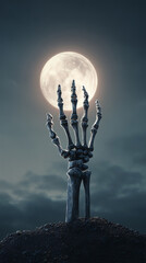 Skeleton hand rising from the grave in dark Halloween night, Full moon night