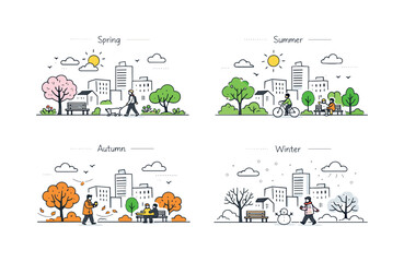 Seasonal Cityscape Transition. City through seasons. The same minimal cityscape shown with seasonal changes like trees, weather and light. Calm editorial scene