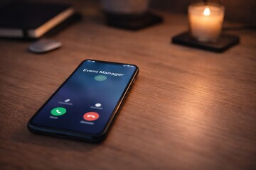 Smartphone Displaying Incoming Call from Event Manager, Set Against a Cozy Desk Environment with Candlelight and Notebook for Event Planning