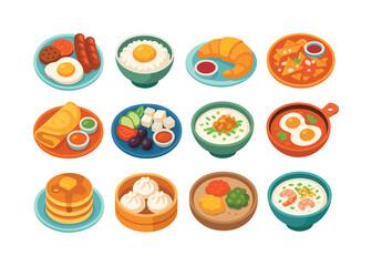 Fototapeta premium Global Breakfast Icons. Global breakfast traditions. Colorful flat vector icons set of global breakfast traditions: English breakfast plate, Japanese tamago
