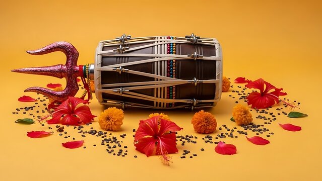 Colorful musical instrument with trident and flowers on yellow background dholak