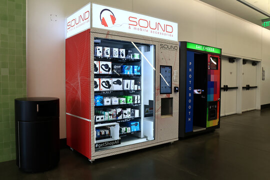 Los Angeles, California &ndash; November 22, 2025: Sound & Mobile Accessories vending machine inside Ovation Hollywood on Hollywood Blvd