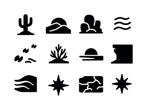 Desert Sunset Icons. Desert sunset. Solid icon set of desert sunset: cactus silhouette, sand dune, setting sun arc, desert rocks, heat waves, camel track,
