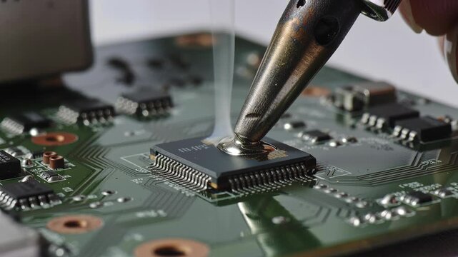 Soldering an electronic component on a circuit board with a soldering iron producing smoke. Electronics manufacturing and repair concept.