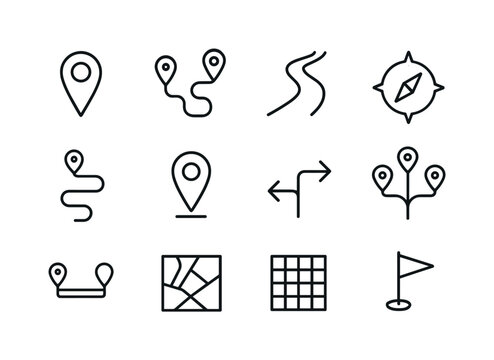 Route Planning Icons. Route planning. Line icon set of Route planning: map pointer, multi-stop route, road line, navigation compass, start point, end point,