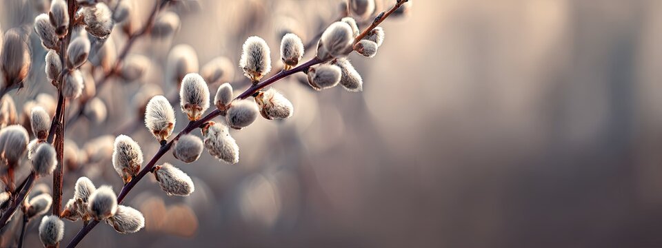 Close up of fluffy willow branches against a blurred neutral background