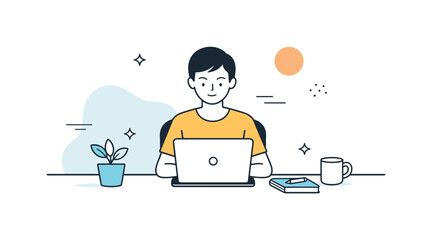 Minimalist Work Focus. Mindful Focus. A person sitting at a desk with minimal objects, clean lines emphasizing concentration and clarity. Calm working mood