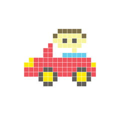 A flat pixel design made of geometric square color blocks on a clean icon layout. Pixel art car and driver