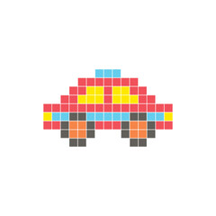 A flat pixel design made of geometric square color blocks on a clean icon layout. Pixel art taxi