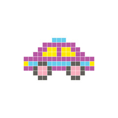 A flat pixel design made of geometric square color blocks on a clean icon layout. Pixel art taxi