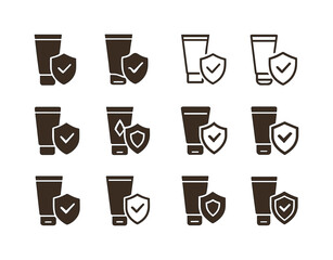 Obraz premium Skin Protection Icons. Skin and protection. Icon set. Set Logo of skin and protection: barrier cream tube. harmonious logo variations of the same emblematic