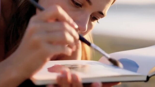 woman painting in a sketchbook outdoors, soft sunlight illuminating her brushstrokes, contemplative romantic creative moment. HD video