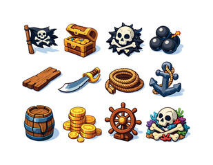 Fototapeta premium Pirate Shipwreck Icons. pirate shipwreck. Colorful isometric vector icons set of pirate shipwreck: broken pirate flag, treasure chest, skull emblem,