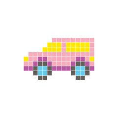 A flat pixel design made of geometric square color blocks on a clean icon layout. Pixel art car