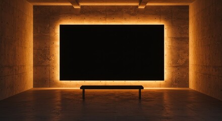 A dimly lit room with a glowing rectangular frame on a wall and a bench below