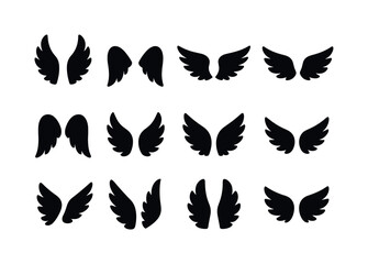 Fototapeta premium Angel Wing Icons. Angel wing positions. Solid icon set of angel wing positions: wings up, wings down, wings half-open, wings fully spread, wings folded inward,