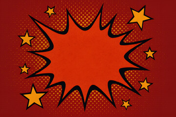 Vibrant Comic Book Pop Art Explosion Burst with Halftone Dots and Golden Stars on a Retro Red Background, Ideal for Dynamic Announcements, Sales, or Special Messages