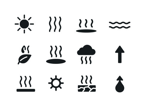 Evaporation Icon Set. Evaporation process. Solid icon set of evaporation process: sun icon, heat wave, rising steam, lake surface, leaf transpiration, puddle