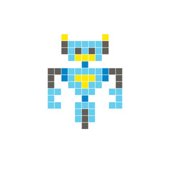 A flat pixel design made of geometric square color blocks on a clean icon layout. Pixel art robot
