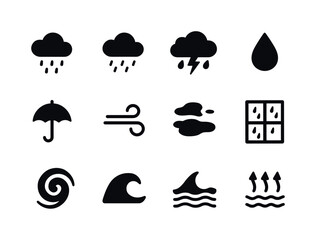 Fototapeta premium Black-White Rain Icons. Rainy weather. Solid icon set of rainy weather: rain cloud, drizzle icon, downpour cloud, thundercloud, raindrop, umbrella, gusty wind,