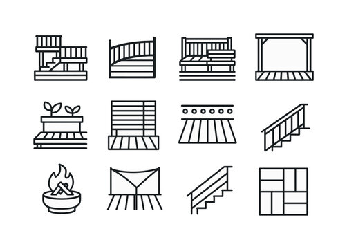 Deck Design Icons. Deck Design Ideas. Line icon set of Deck Design Ideas: multi-level deck, curved railing, built-in seating, pergola frame, planter box,