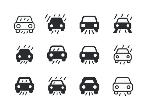 Rainy Day Icons. Rainy Day. Icon set. Set Logo of Rainy Day: car with headlights in rain. harmonious logo variations of the same emblematic concept, each with