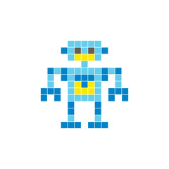 A flat pixel design made of geometric square color blocks on a clean icon layout. Pixel art robot