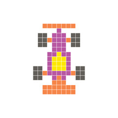 A flat pixel design made of geometric square color blocks on a clean icon layout. Pixel art race car