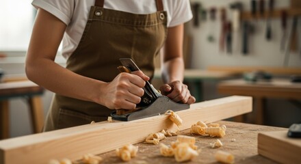 A person in a workshop, using a hand plane on a wooden plank