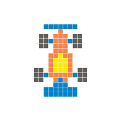 A flat pixel design made of geometric square color blocks on a clean icon layout. Pixel art race car