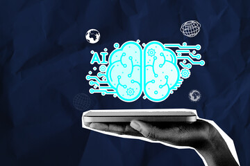 Hand holding smartphone with glowing AI brain icon. Artificial intelligence, machine learning technology, and digital innovation concept on dark blue crumpled paper background.,Mixed media style.