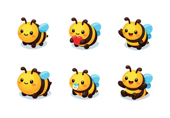 Fototapeta premium Cute Bee Icons. Cute bee. Isometric flat vector icons set of Cute bee: smiling bee, bee with tiny heart, bee waving wing, chubby bee, baby bee, cartoon bee