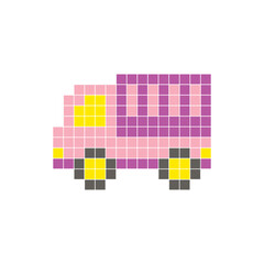 A flat pixel design made of geometric square color blocks on a clean icon layout. Pixel art cargo truck