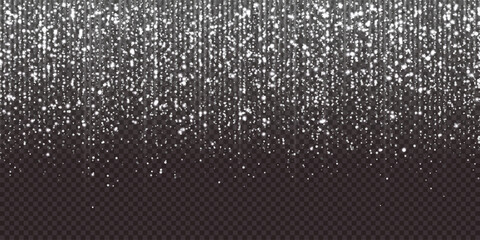 Shimmering silver starry shower bg with glowing stars cascade effect. Luxurious sparkling silver sequins curtain falling on a dark. Twinkling stardust particles with radiant light. Vector illustration © Kusandra