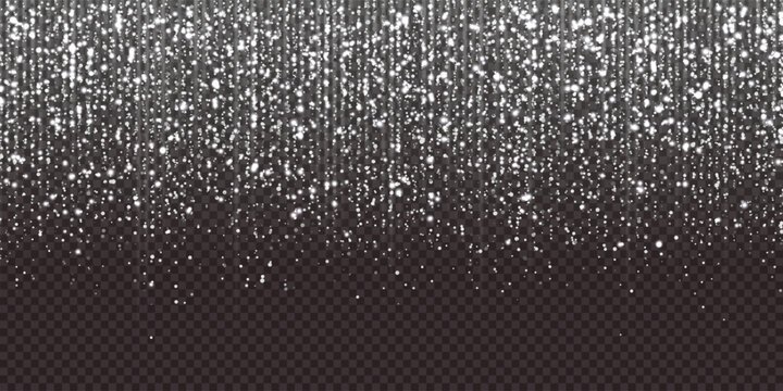 Shimmering silver starry shower bg with glowing stars cascade effect. Luxurious sparkling silver sequins curtain falling on a dark. Twinkling stardust particles with radiant light. Vector illustration