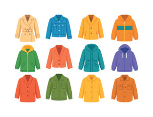 Colorful Spring Outerwear Icons. Spring outerwear. Colorful flat vector icons set of Spring outerwear: light trench, denim jacket, short coat, windbreaker,