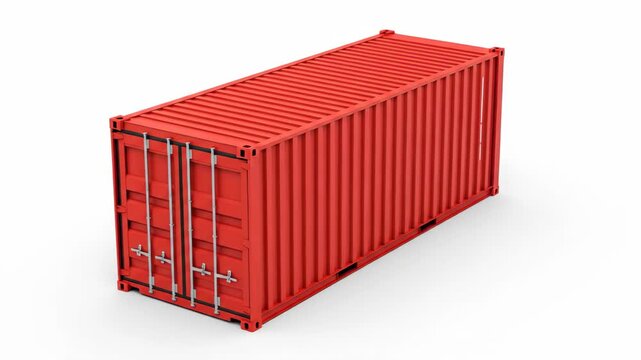 Red shipping container rotating on a white background. 3D animation of an intermodal freight container for global logistics and cargo transport
