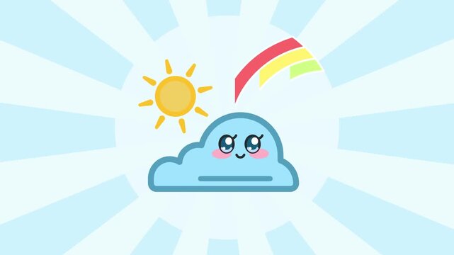 4K video rain sun rainbow day Day with cute animation cloud and blue background for snow weather information, animated footage motion graphic illustration design
