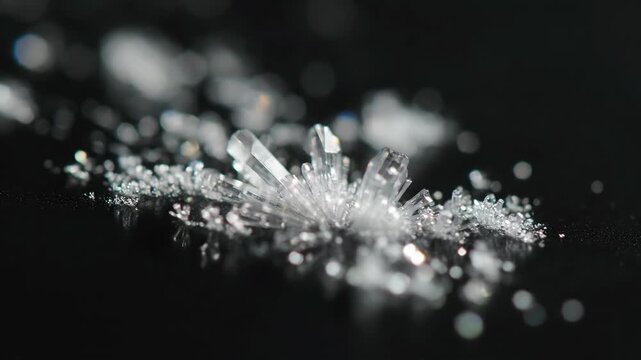 Macro photograph of crystallized substances. The image shows crystalline structures on a black surface with soft bokeh effects