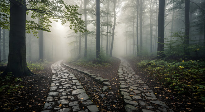 Foggy Forest Path Symbolizing Life Choices and Uncertainty
