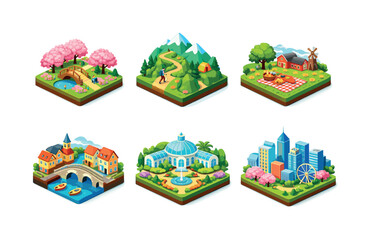 Obraz premium Spring Travel Icons. Spring travel places. Isometric flat vector icons set of Spring travel places: cherry blossom park, mountain hiking trail, countryside