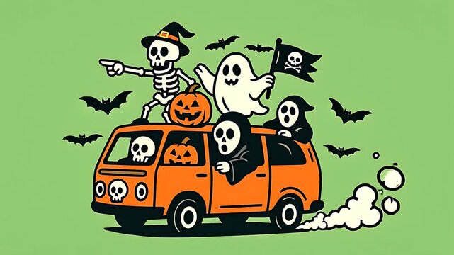 Lots of cute ghosts riding a van in halloween - 2d Animation