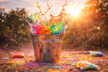 A Vibrant Splash of Color from a Bucket as Brightly Colored Paint Explodes in a Cascade of Rainbow Hues Against a Sunset Backdrop