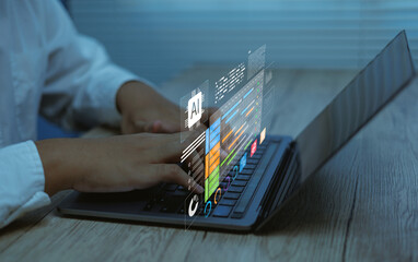 Person typing artificial intelligence data dashboard on laptop screen with analytics charts business intelligence, machine learning system digital transformation and modern technology concept