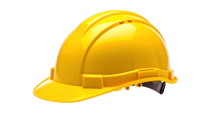 A shiny, yellow protective helmet, angled, against a black background