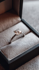 Close up of diamond ring in box. Love, valentine, relationship and wedding concept