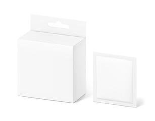 Hanging packaging box with sachet mockup. Half side view. Vector illustration isolated on white background. Ready and simple to use for your design. EPS10.