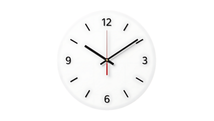 Simple white clock showing 12 o'clock on white background